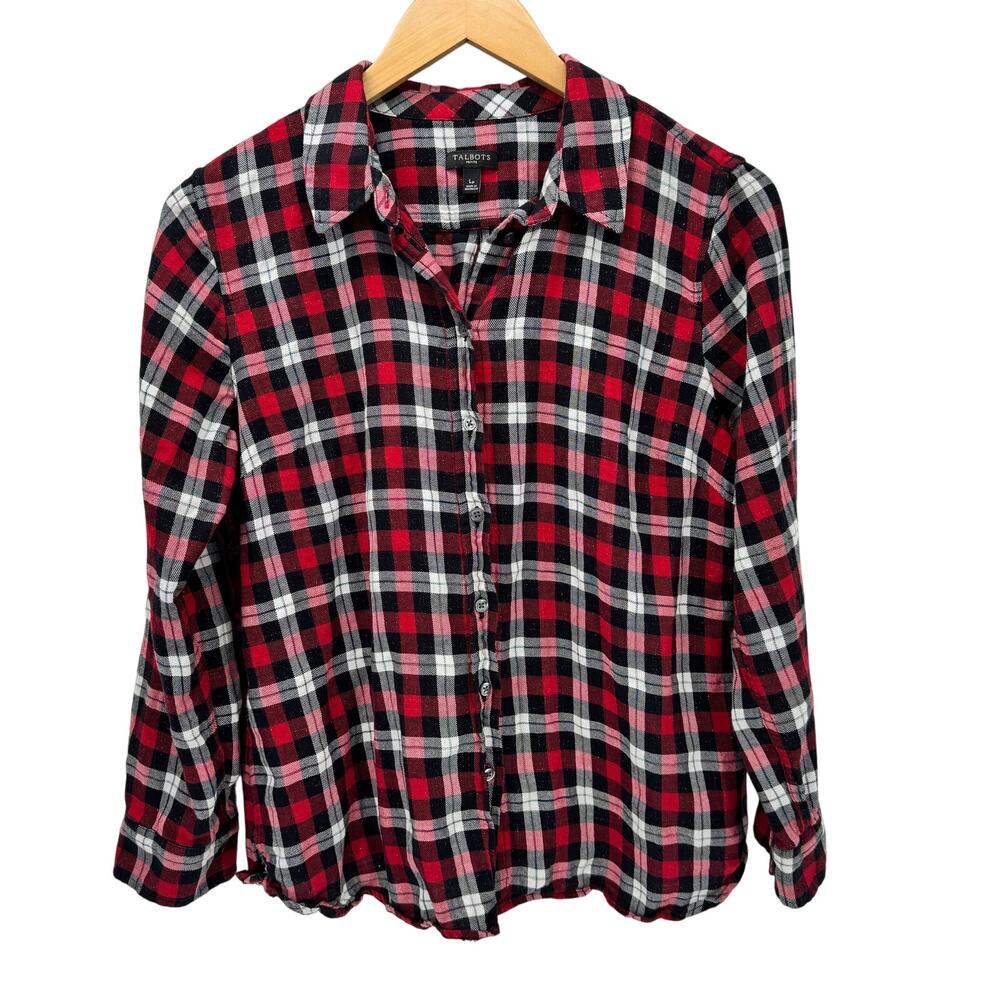Talbots Blouse Womens Petite Large Lp Button Up Red Black Plaid Metallic Flannel